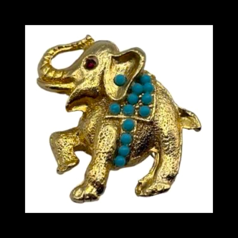 Vintage 60s Unsigned Hattie Carnegie Faux Turquoise & Red Ruby Elephant Brooch